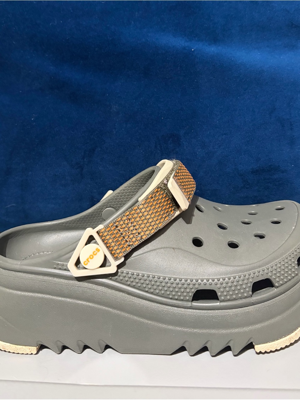 CROCS Women’s Platform Clog in Gray with Orange/Brown Woven Strap